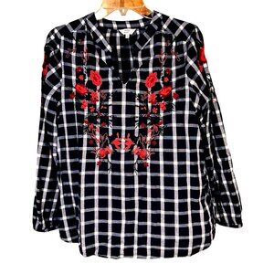 Crown & Ivy Boho Plaid Peasant Top L Floral Embroidered Cottagecore Chic